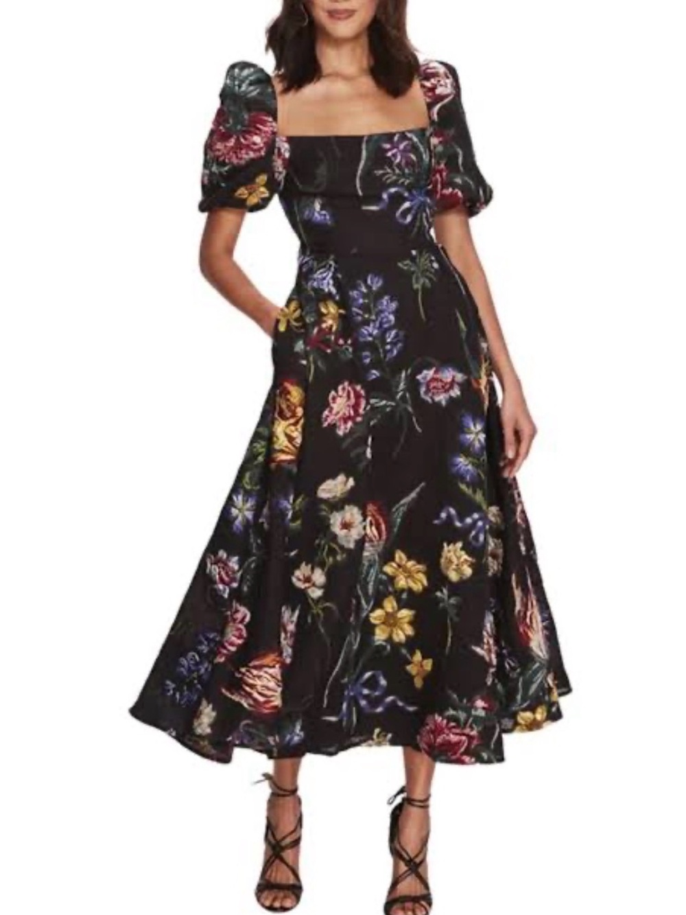 Marchesa Notte Alexander Bubble Floral Square-Neck Midi Dress - Black Size 6
